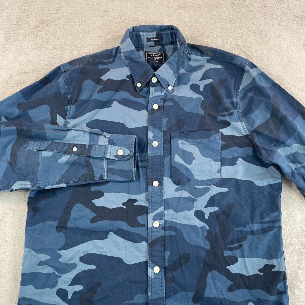 Abercrombie & Fitch Relaxed Fit Shirt Men Medium Blue Frog Camo OCBD Long Sleeve